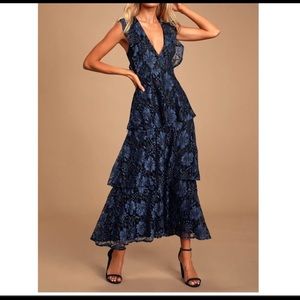 Lulus Molinetto Blue Lace Tiered Maxi Dress J15